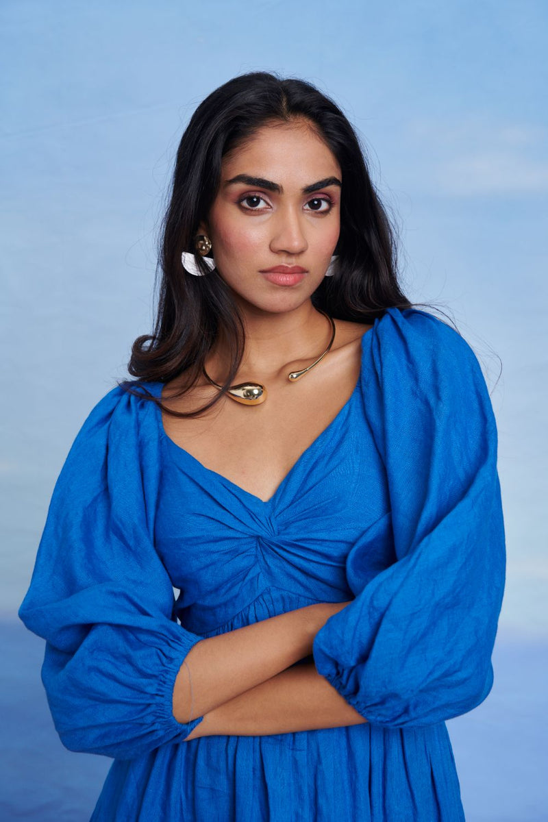 Santorini Linen Front Twist Dress linen by Saphed in blue color for women Worldwide