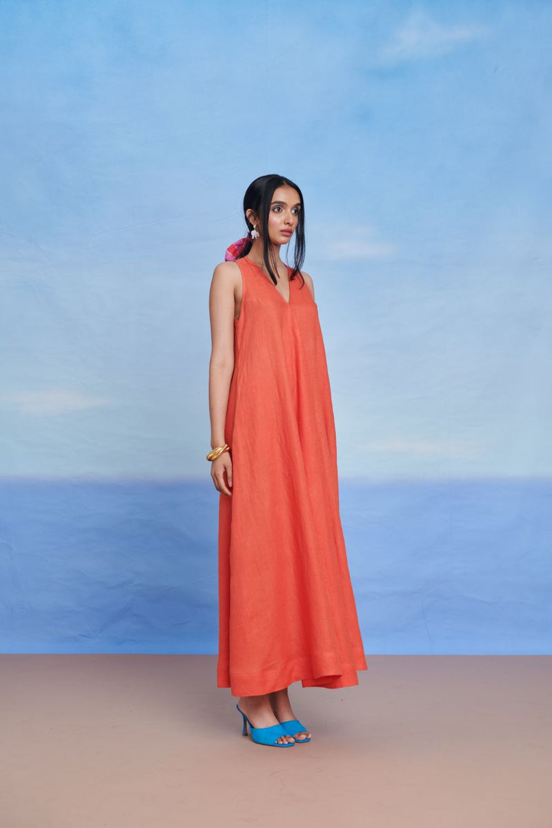 Tangerine Linen Flared Dress linen by Saphed in orange color for women Worldwide