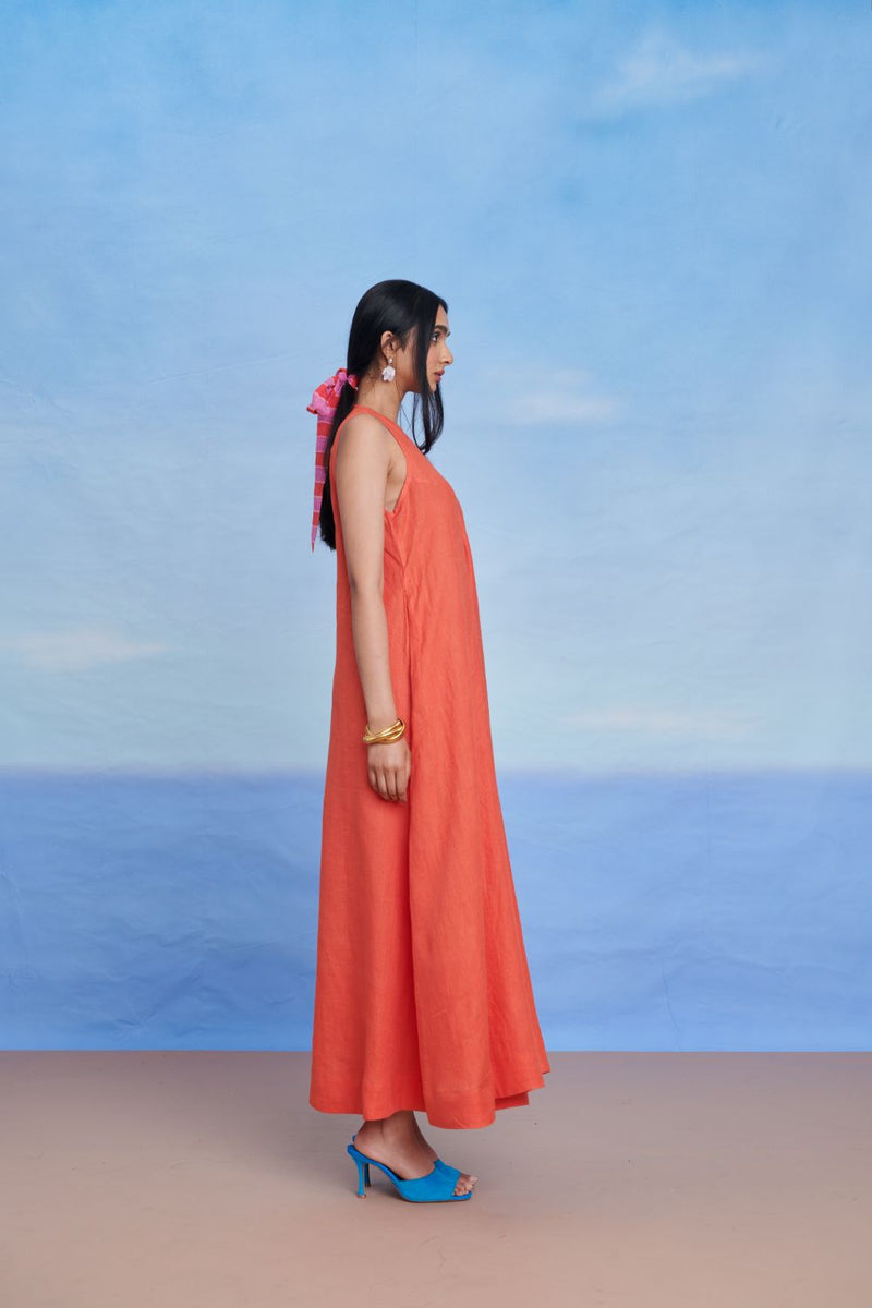 Tangerine Linen Flared Dress linen by Saphed in orange color for women Worldwide