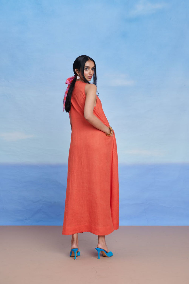 Tangerine Linen Flared Dress linen by Saphed in orange color for women Worldwide