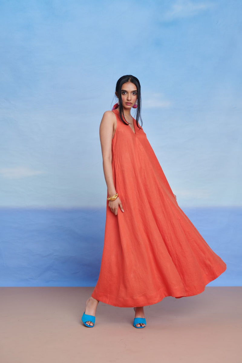 Tangerine Linen Flared Dress linen by Saphed in orange color for women Worldwide