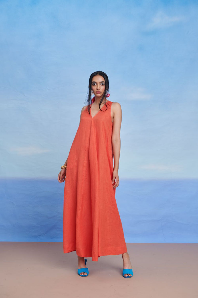 Tangerine Linen Flared Dress linen by Saphed in orange color for women Worldwide