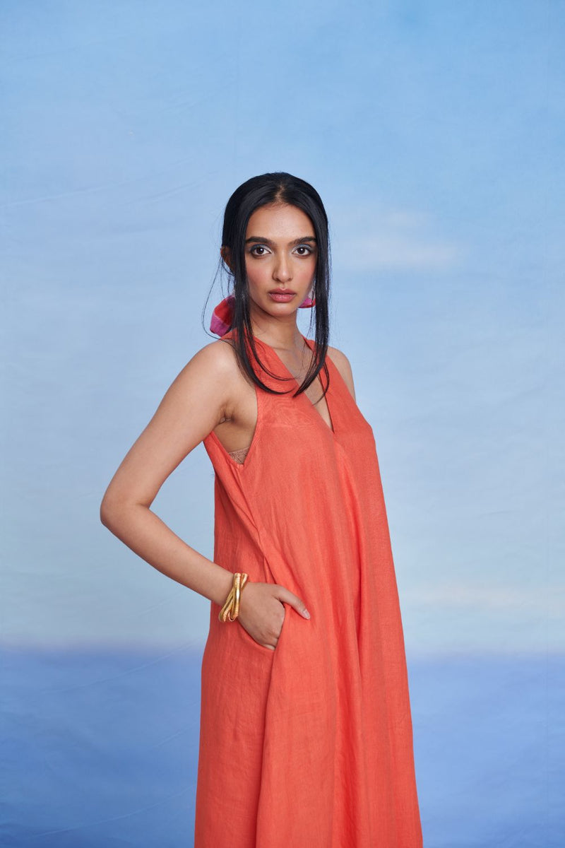 Tangerine Linen Flared Dress linen by Saphed in orange color for women Worldwide