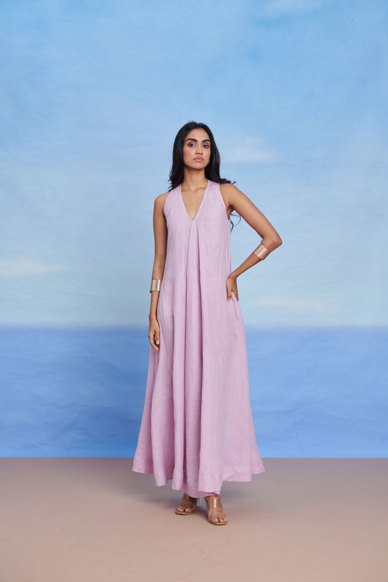 Lilac Linen Flared Dress linen by Saphed for women Worldwide
