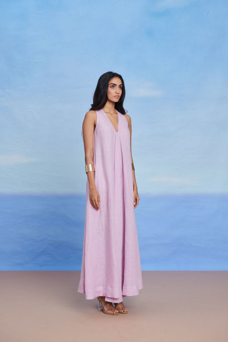 Lilac Linen Flared Dress linen by Saphed for women Worldwide