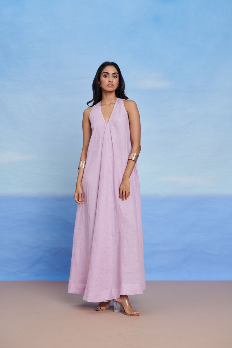 Lilac Linen Flared Dress linen by Saphed for women Worldwide