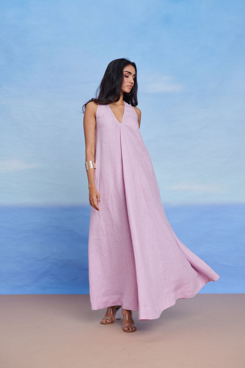 Lilac Linen Flared Dress linen by Saphed for women Worldwide