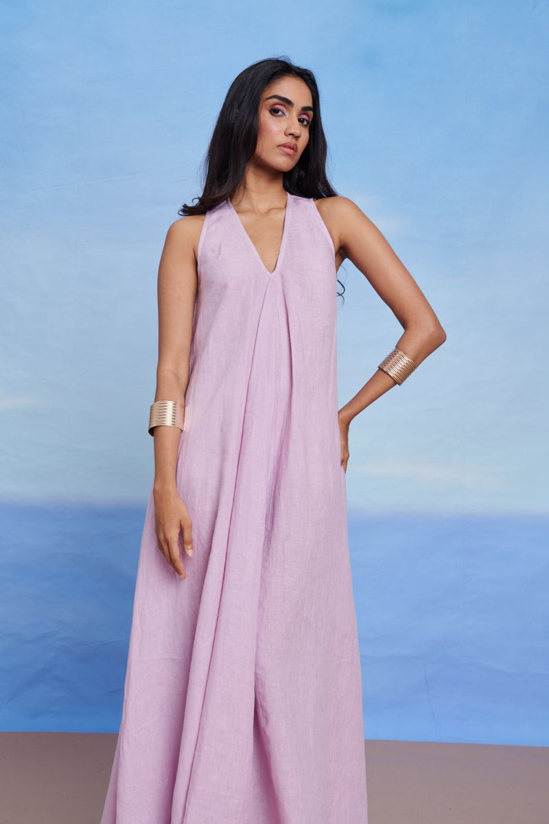 Lilac Linen Flared Dress linen by Saphed for women Worldwide