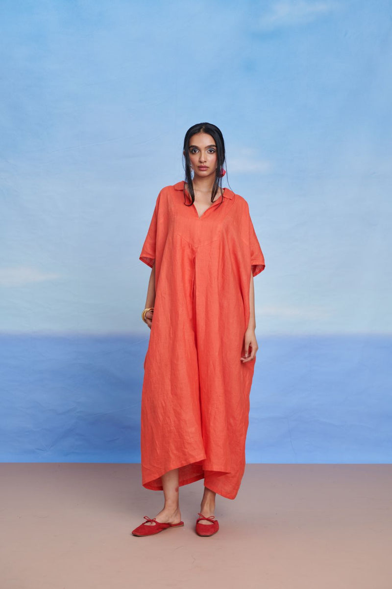 Tangerine Linen Kaftan Dress linen by Saphed in orange color for women Worldwide