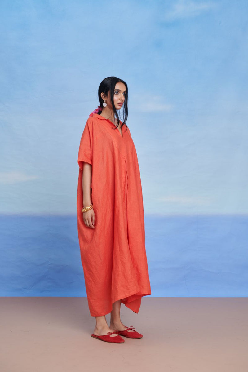 Tangerine Linen Kaftan Dress linen by Saphed in orange color for women Worldwide