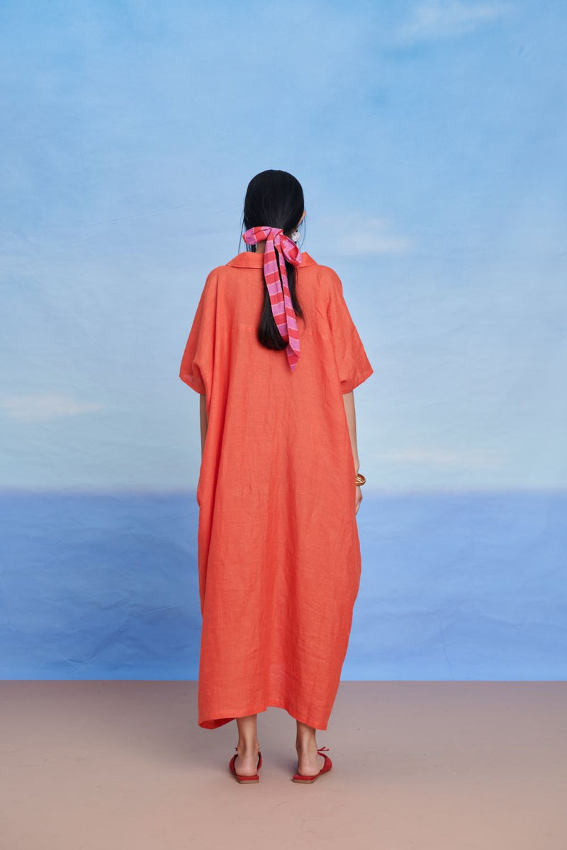 Tangerine Linen Kaftan Dress linen by Saphed in orange color for women Worldwide