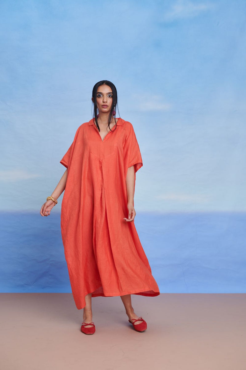 Tangerine Linen Kaftan Dress linen by Saphed in orange color for women Worldwide