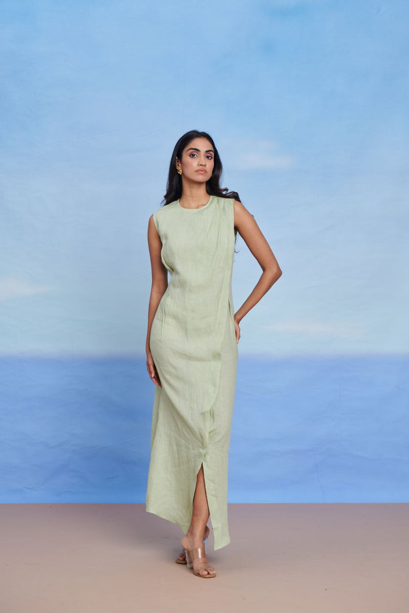 Pista Linen Drape Dress linen by Saphed in green color for women Worldwide