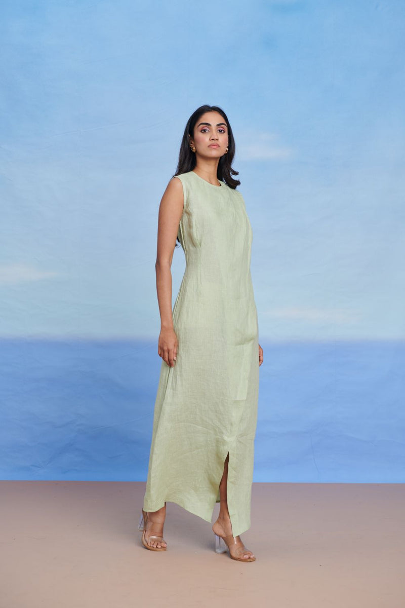 Pista Linen Drape Dress linen by Saphed in green color for women Worldwide