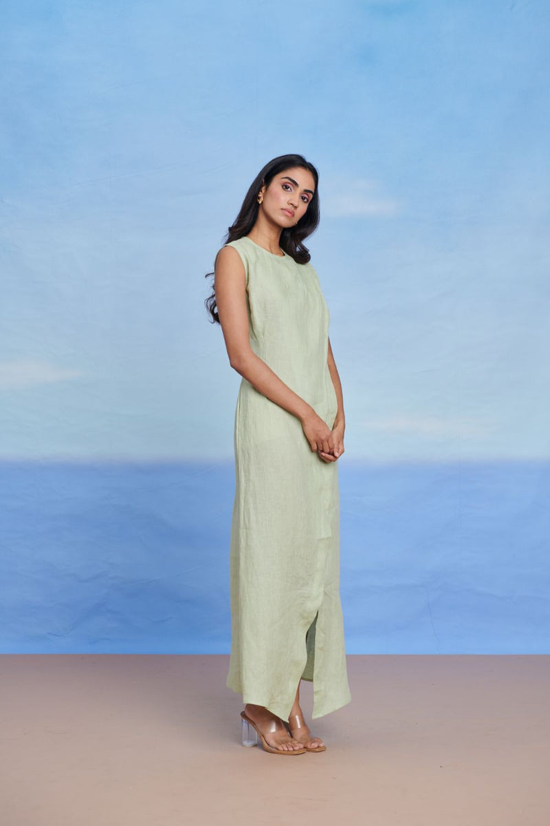 Pista Linen Drape Dress linen by Saphed in green color for women Worldwide