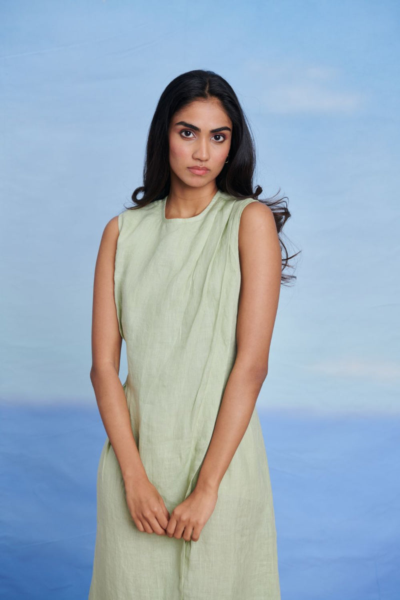 Pista Linen Drape Dress linen by Saphed in green color for women Worldwide