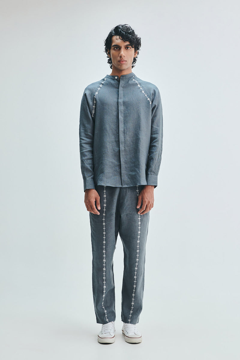 Slate Linen Embroidered Men’s Raglan Shirt Set linen co-ord set by Saphed Men in grey for men Worldwide