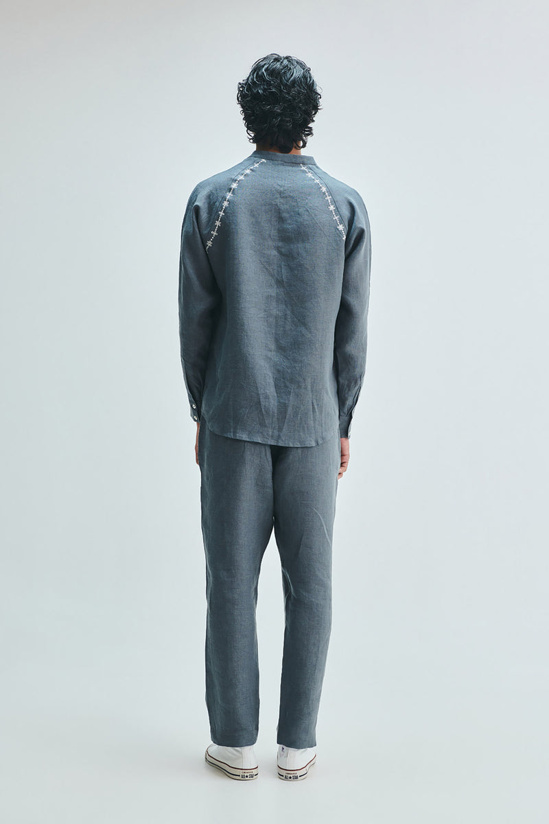 Slate Linen Embroidered Men’s Raglan Shirt linen shirt by Saphed Men in grey for men Worldwide