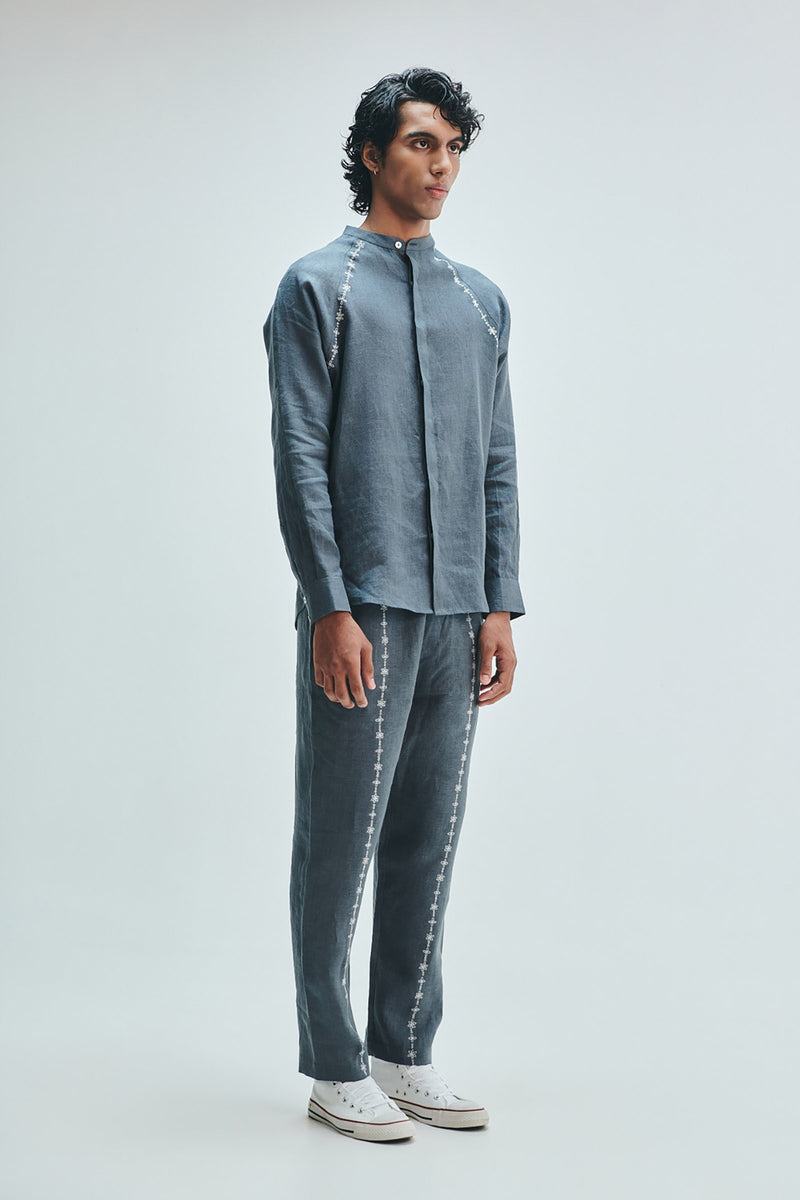 Slate Linen Embroidered Men’s Tapered Lounge Pants linen pant/trouser by Saphed Men in grey for men Worldwide