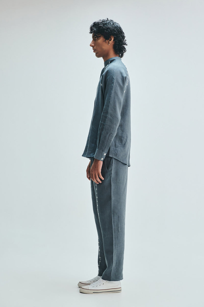 Slate Linen Embroidered Men’s Tapered Lounge Pants linen pant/trouser by Saphed Men in grey for men Worldwide