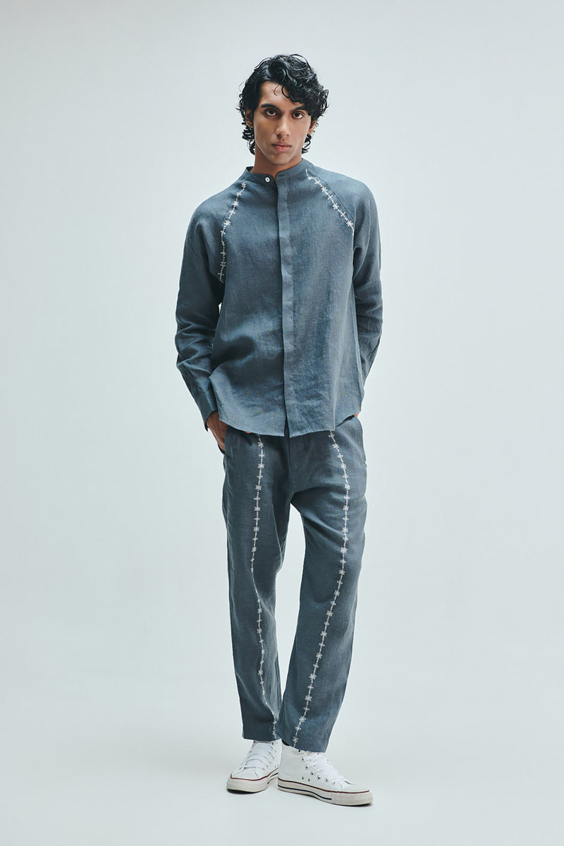 Slate Linen Embroidered Men’s Raglan Shirt Set linen co-ord set by Saphed Men in grey for men Worldwide