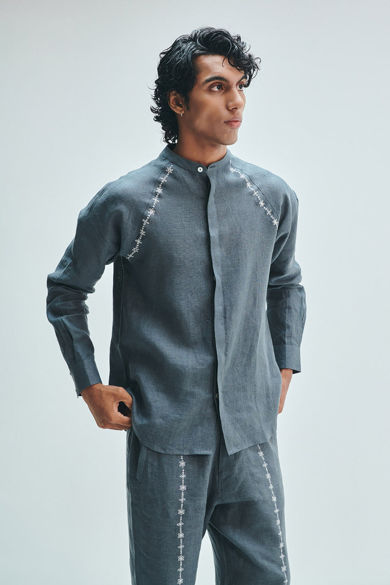 Slate Linen Embroidered Men’s Raglan Shirt linen shirt by Saphed Men in grey for men Worldwide