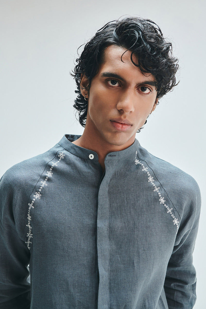 Slate Linen Embroidered Men’s Raglan Shirt Set linen co-ord set by Saphed Men in grey for men Worldwide
