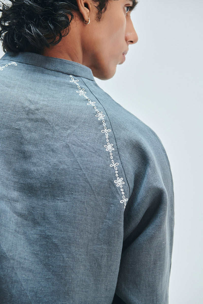 Slate Linen Embroidered Men’s Raglan Shirt linen shirt by Saphed Men in grey for men Worldwide