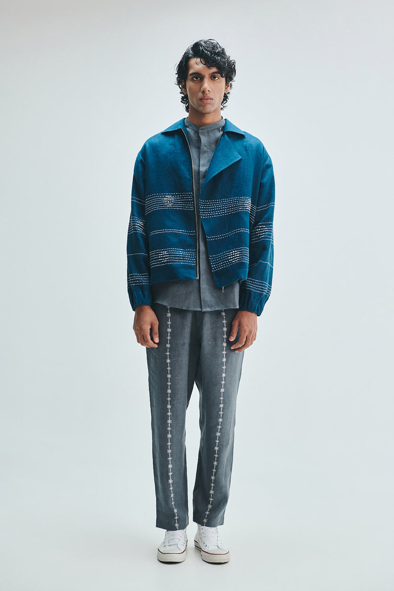Indigo Linen Kantha Flap Collar Jacket linen jacket by Saphed Men in blue for men Worldwide