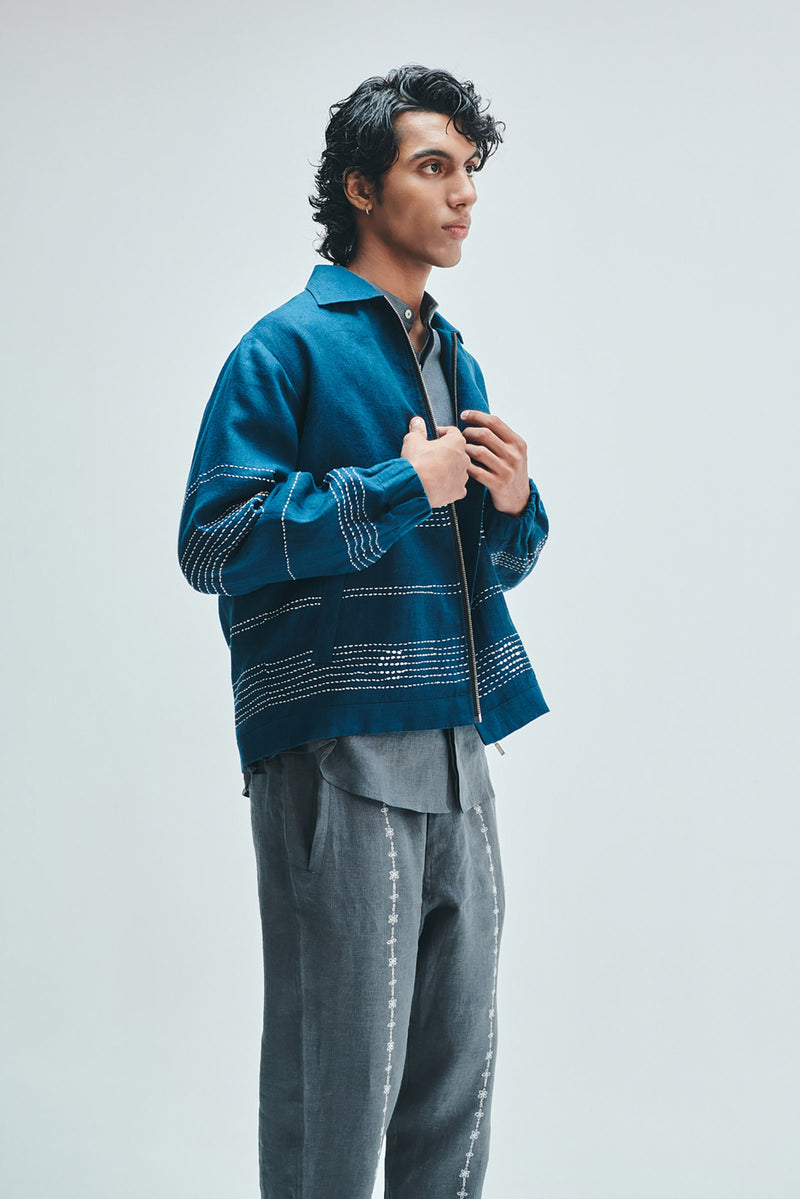 Indigo Linen Kantha Flap Collar Jacket linen jacket by Saphed Men in blue for men Worldwide