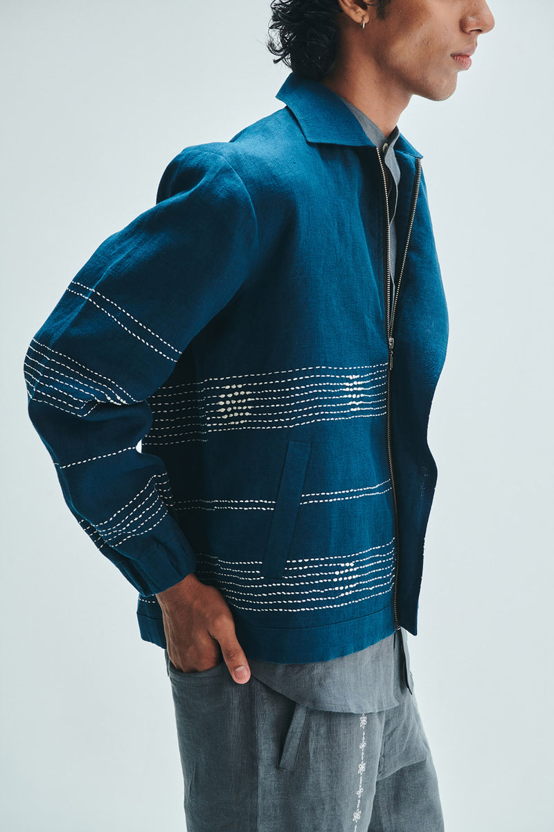 Indigo Linen Kantha Flap Collar Jacket linen jacket by Saphed Men in blue for men Worldwide