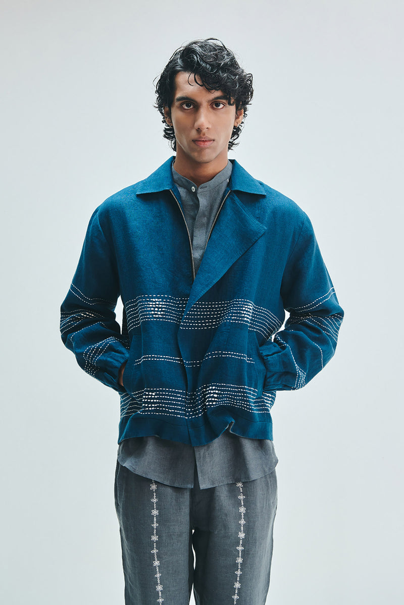 Indigo Linen Kantha Flap Collar Jacket linen jacket by Saphed Men in blue for men Worldwide