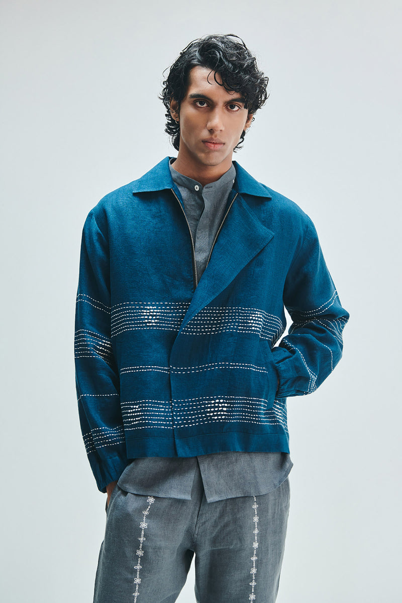 Indigo Linen Kantha Flap Collar Jacket linen jacket by Saphed Men in blue for men Worldwide