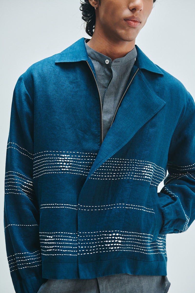 Indigo Linen Kantha Flap Collar Jacket linen jacket by Saphed Men in blue for men Worldwide