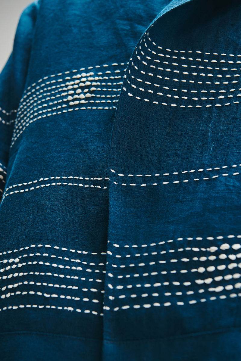 Indigo Linen Kantha Flap Collar Jacket linen jacket by Saphed Men in blue for men Worldwide