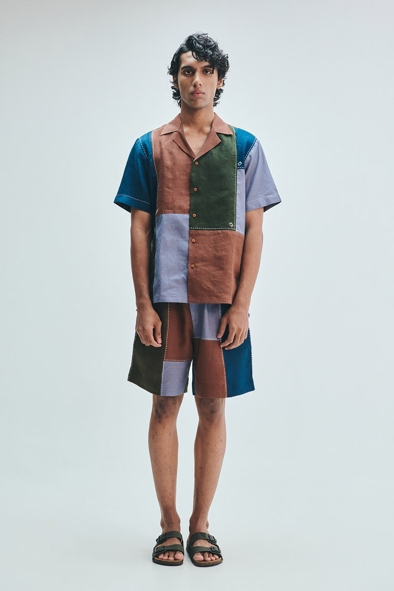Patchwork Linen Men’s Camp Collar Shirt Set linen co-ord set by Saphed Men in multi-colour for men Worldwide