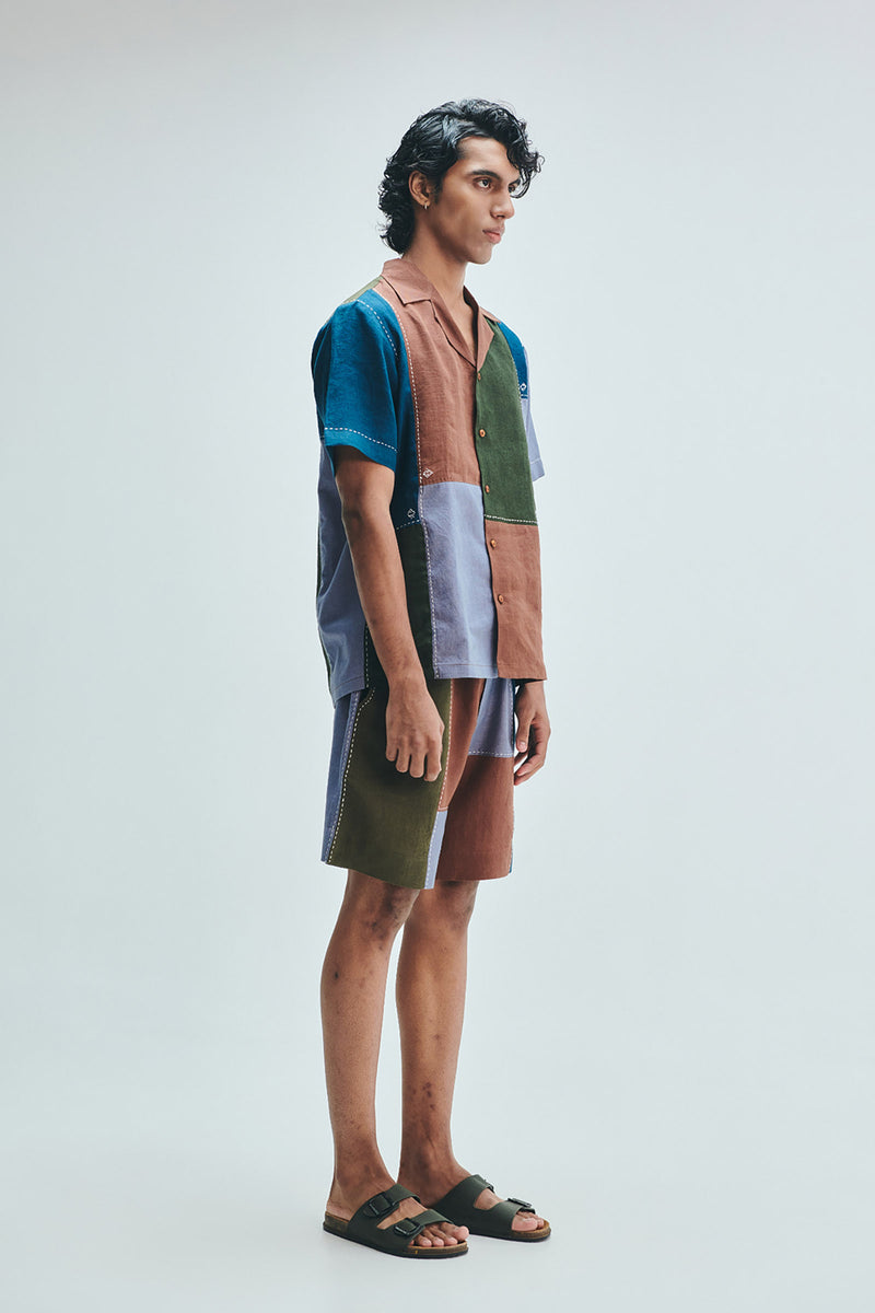 Patchwork Linen Men’s Camp Collar Shirt Set linen co-ord set by Saphed Men in multi-colour for men Worldwide