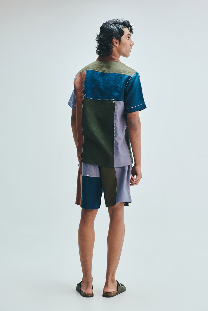 Patchwork Linen Men’s Camp Collar Shirt Set linen co-ord set by Saphed Men in multi-colour for men Worldwide