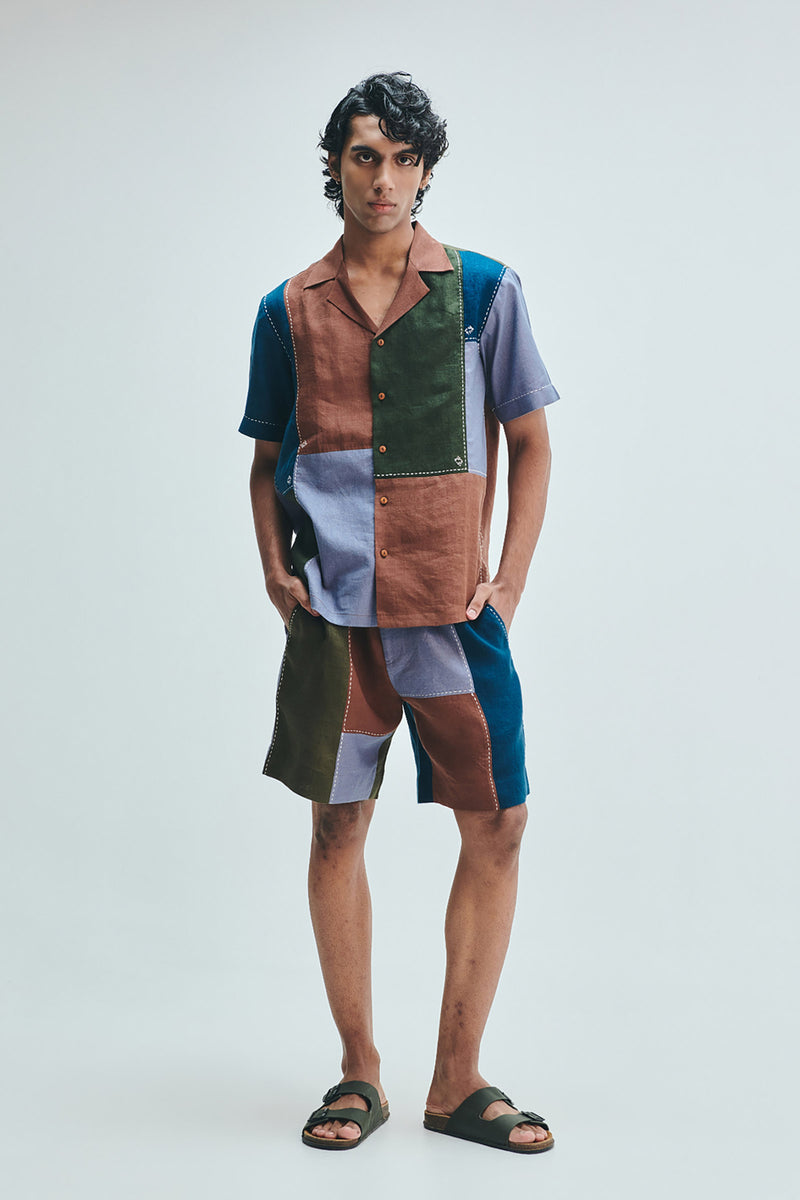 Patchwork Linen Men’s Camp Collar Shirt linen shirt by Saphed Men in multi-colour for men Worldwide