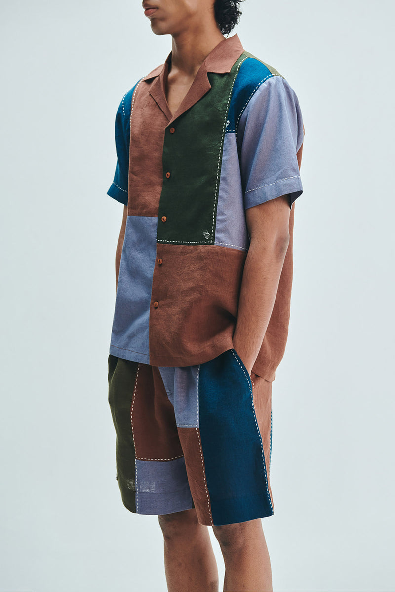 Patchwork Linen Men’s Camp Collar Shirt Set linen co-ord set by Saphed Men in multi-colour for men Worldwide
