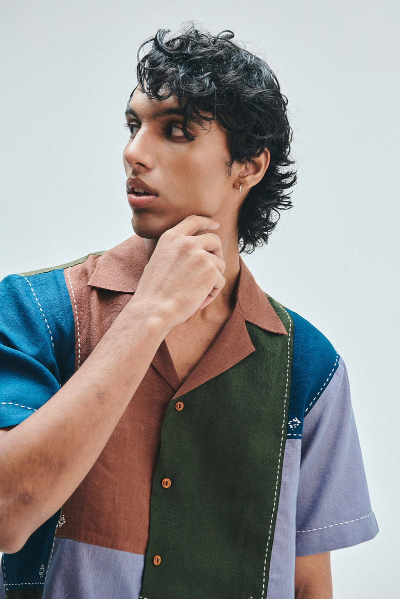 Patchwork Linen Men’s Camp Collar Shirt linen shirt by Saphed Men in multi-colour for men Worldwide