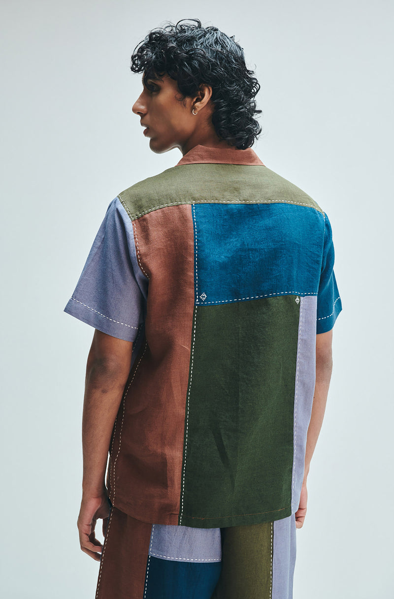 Patchwork Linen Men’s Camp Collar Shirt linen shirt by Saphed Men in multi-colour for men Worldwide