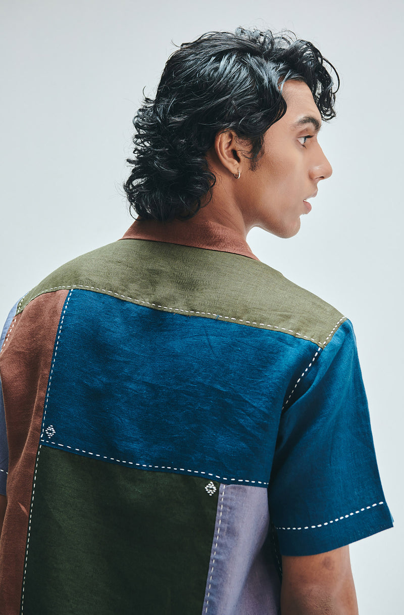 Patchwork Linen Men’s Camp Collar Shirt linen shirt by Saphed Men in multi-colour for men Worldwide