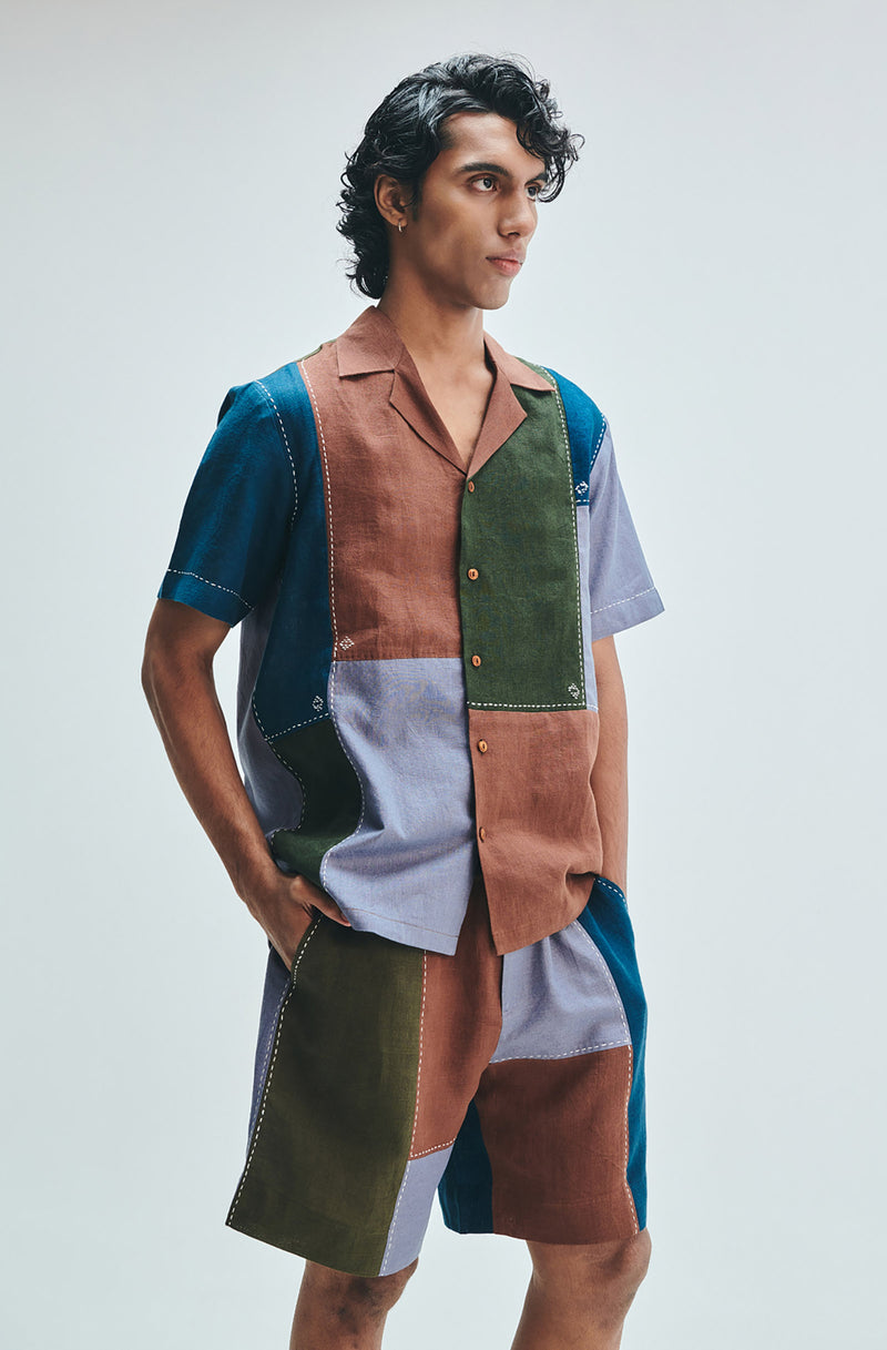 Patchwork Linen Men’s Camp Collar Shirt linen shirt by Saphed Men in multi-colour for men Worldwide