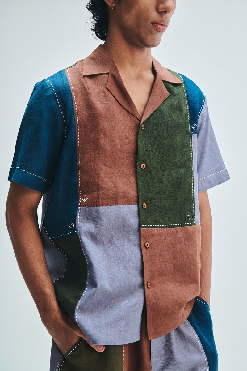 Patchwork Linen Men’s Camp Collar Shirt linen shirt by Saphed Men in multi-colour for men Worldwide