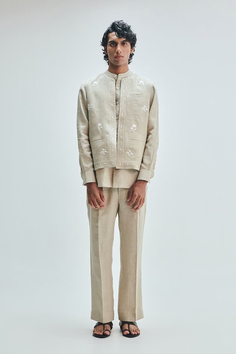 Undyed Linen Embroidered Men’s Collarless Nehru Jacket linen jacket by Saphed Men in off-white for men Worldwide