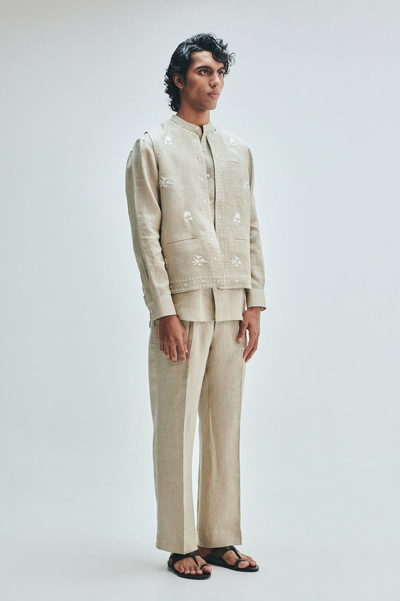 Undyed Linen Embroidered Men’s Collarless Nehru Jacket Set linen co-ord set by Saphed Men in off-white for men Worldwide