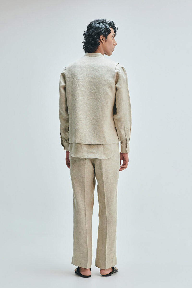 Undyed Linen Embroidered Men’s Collarless Nehru Jacket linen jacket by Saphed Men in off-white for men Worldwide