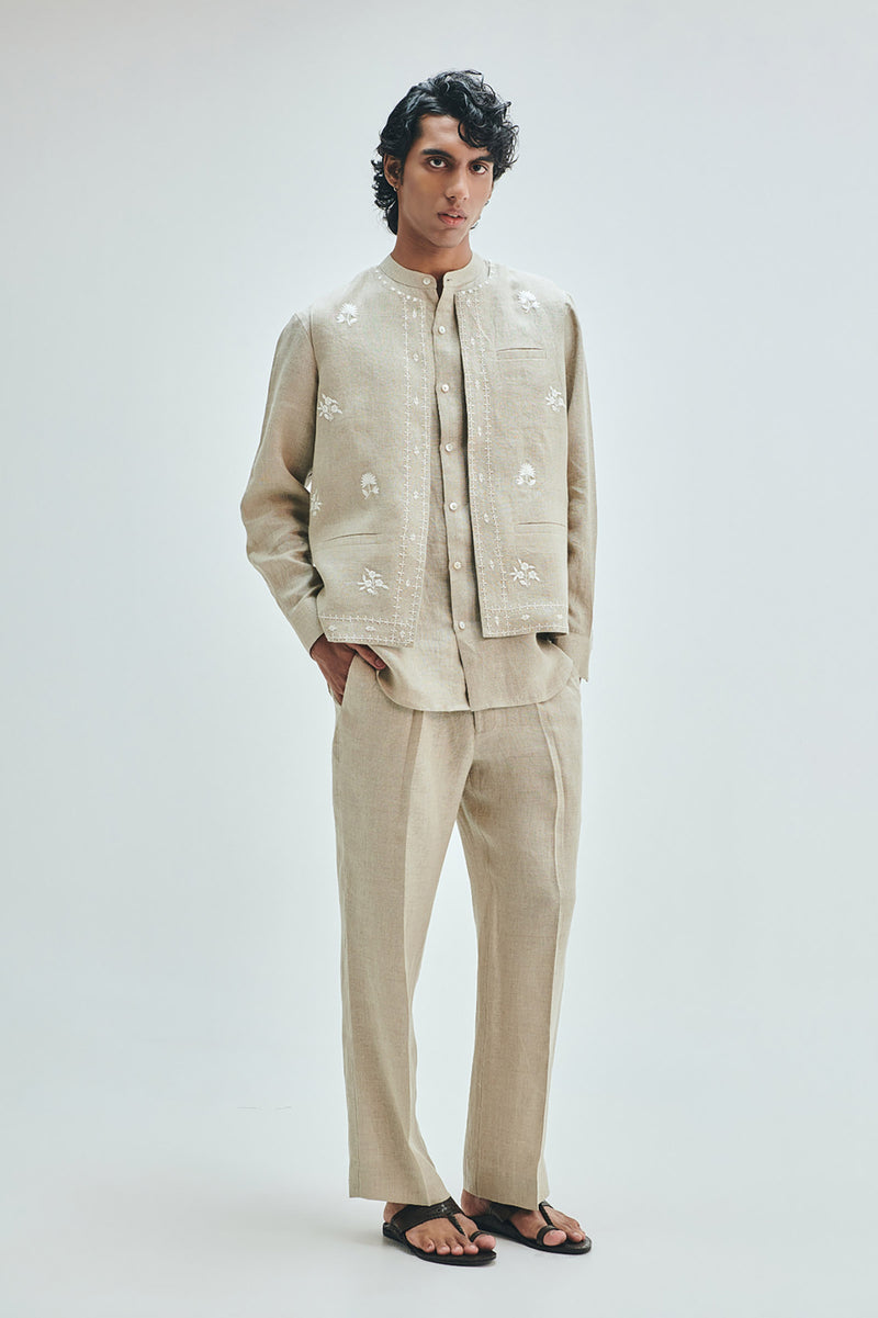 Undyed Linen Embroidered Men’s Collarless Nehru Jacket Set linen co-ord set by Saphed Men in off-white for men Worldwide