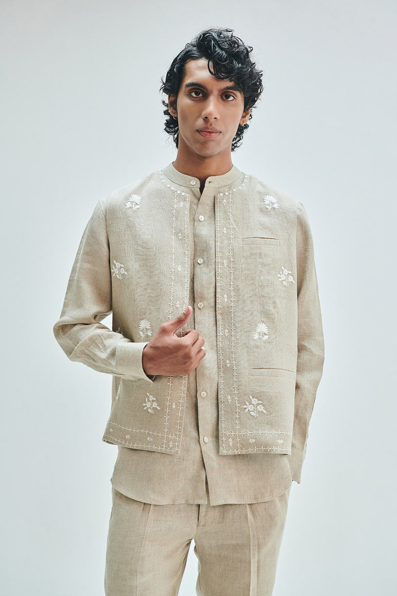 Undyed Linen Embroidered Men’s Collarless Nehru Jacket Set linen co-ord set by Saphed Men in off-white for men Worldwide
